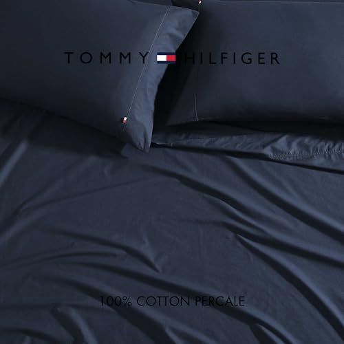 Image of Tommy Hilfiger - Queen Size Sheet Set, Cool & Crisp Cotton Percale Bedding with Matching Pillowcases, Lightweight & Breathable Bed Sheets, Deep Pocket, College Dorm Room Essentials (Solid Navy)