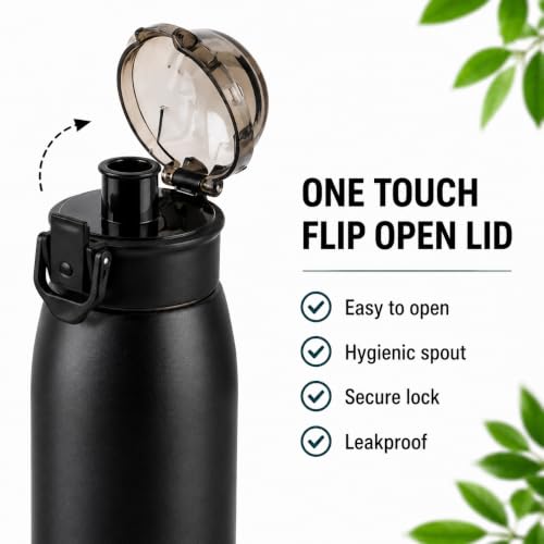 Image of CELLO Puro Steel-X Flint 900 Insulated Water Bottle 650 ml, Black | Easy Press Open Flip Top, Easy to Carry with Handle Leak Proof Inner Steel Water Bottle for School Kids, Office Gym Travel Trekking