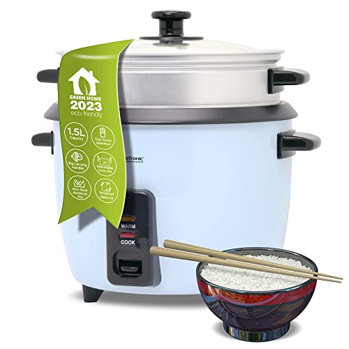 TurboTronic - Arrocera con accesorio para cocinar al vapor, 1,5 l, color rojo, azul claro, negro/cocción lenta con función de mantenimiento en caliente, olla al vapor, diseño retro (azul) Cover