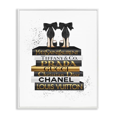 Image of 'Black Gold White Glam Bookstack'| Framed Giclee Art | Stupell Industries | White, 16 x 20 Inches, Easy to Hang and Sturdy, Made in USA, by Amanda Greenwood