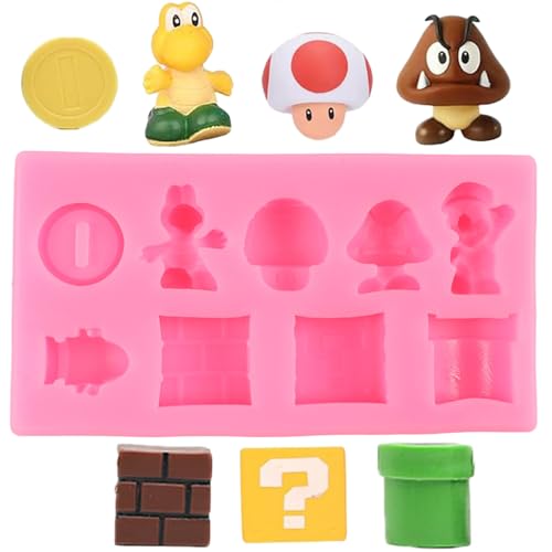 QDMOLDS 9 Hole Yoshi Icon Square Brick Dragon Mushroom Gold Coin Silicone Molds Cartoon Fondant Molds for Cake Decorating Cupcake Topper Candy Chocolate Gum Paste Polymer Clay