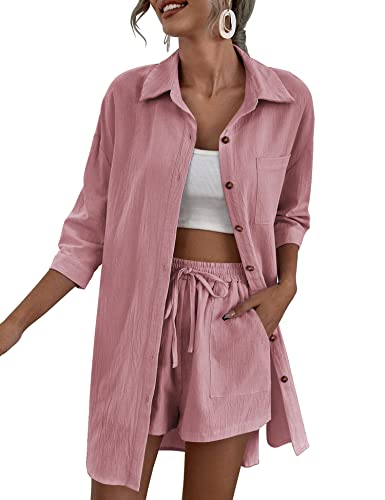 Zeagoo Women’s 2 Piece Lounge Tracksuit Outfit Sets Cotton Linen High Low Shirt and Drawstring Casual Shorts Set