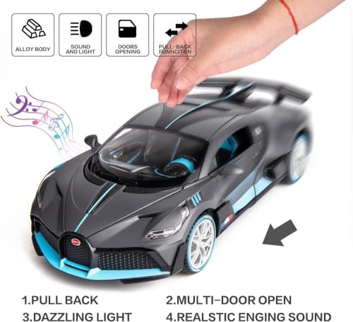Image of 1:32 Bugatti Divo Diecast Car Toy Alloy Metal Pull Back Model with Openable Doors Lights & Sound Luxury Collectible for Kids Boys Gifts Realistic Design