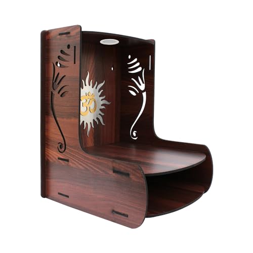 Image of Olive Tree Ethnic Wooden Pooja Mandir for Home Handcrafted Puja Stand | Wall Mounted with LED Spot Light | Mandapam, Pooja Ghar, Temple Office Decor - Walnut Size 12X12X16 Inch 1008