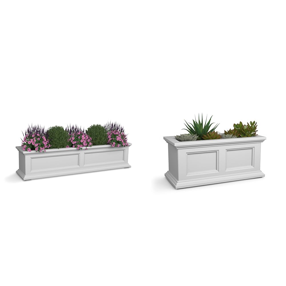 Fairfield 4ft & 2ft White Self Watering Window Boxes with Wall Mount Brackets (5823-W & 4882-W) by Mayne – Polyethylene (PE), White