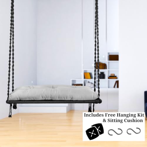 Image of Patiofy Double Seater Plank Swing for Adults and Kids | Indoor and Outdoor Use | Jhula for Adults with Grey Cushion and Hanging Kit | Weight Capacity - 150 Kg - Black