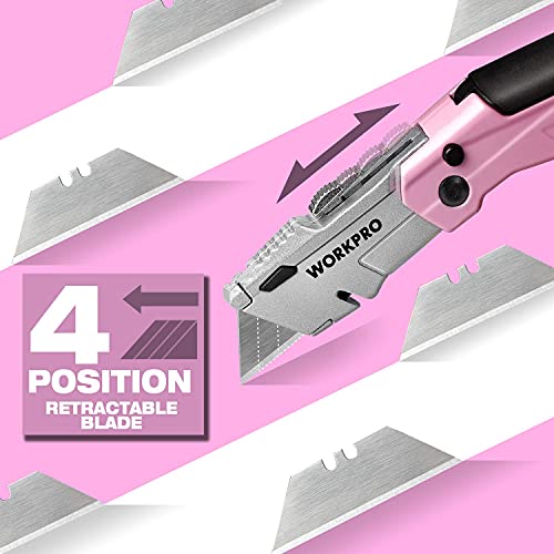 Workpro Folding Utility Knife, Quick-Change Pink Box Cutter & Workpro 100-Pack Utility Knife Blades With Dispenser #TOP2