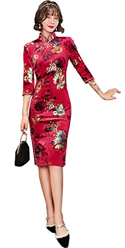 Qipao Cheongsam Velvet Chinese Dress China Traditional Medium Dresses Half Ethnic Fashion Costume for Women (Floral Red, XL)