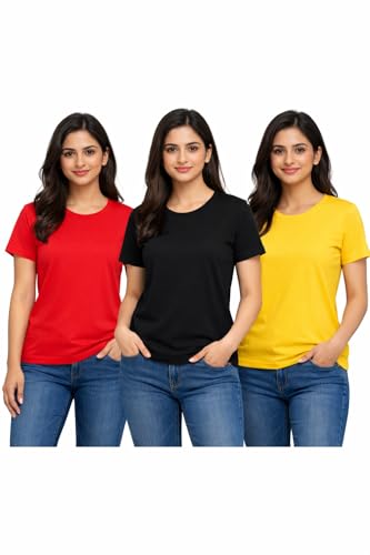 Image of Hangout Hub HH95 Tshirt for Womens | Regular Fit | Super Combed Cotton Women T-Shirt | Solid Plain Tees | Round Neck T Shirt | Half | Pack of 2 | 3 | 4 | 5 | 6