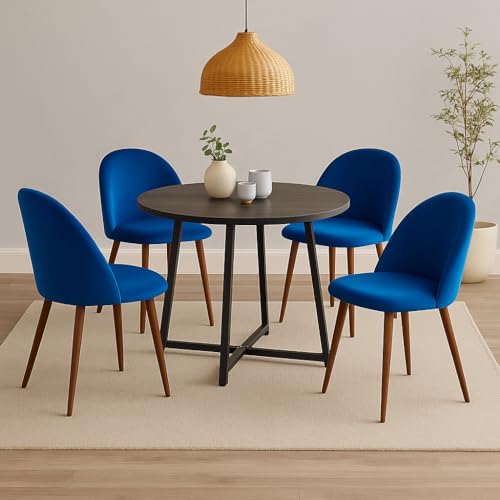 Image of 5-Piece Modern Round Dining Table Set, 35'' Wooden Table with 4 Velvet Upholstered Chairs, Compact Space-Saving Furniture for Small Apartments, Kitchens, and Dining Rooms (Gray Top, Blue)