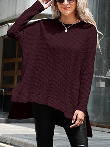 Anrabess Women Crewneck Dolman Sleeves Casual Oversized High Low Pullover Sweater Tunic Tops A138Zaohong-S Maroon #TOP3