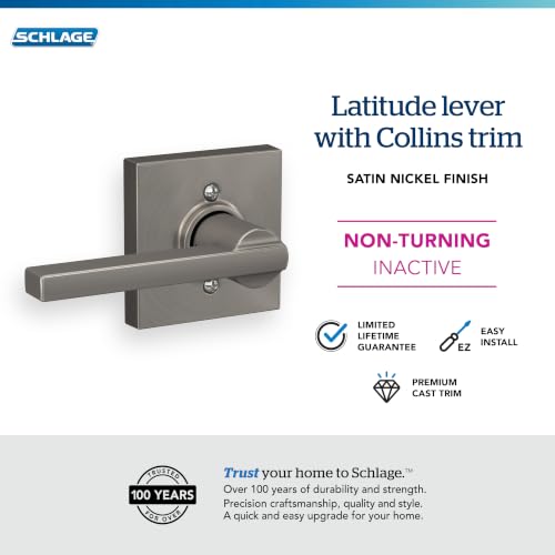 Image of Schlage F170 LAT 619 COL Latitude Door Lever with Collins Trim, One Sided Non-Turning Dummy Door Handle, Satin Nickel
