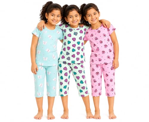 Image of NammaBaby Girl Cotton Night Suit Tshirt Shorts Capri Pyjama Set - Multipacks