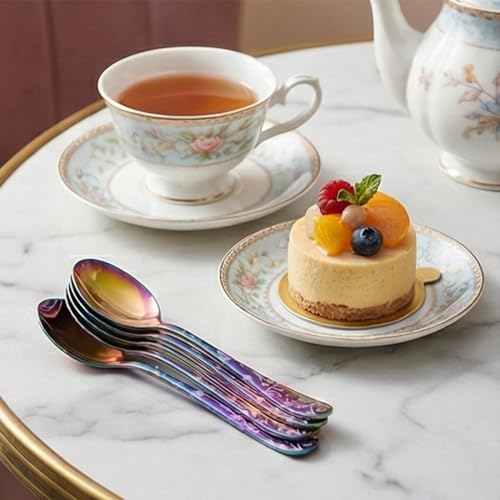 Image of 6.7 inch Rainbow Dessert Spoons with Floral Printed Handle | Set of 5 Durable Stainless Steel Teaspoons | Mirror Polished Silverware for Home, Restaurants, and Gift Giving