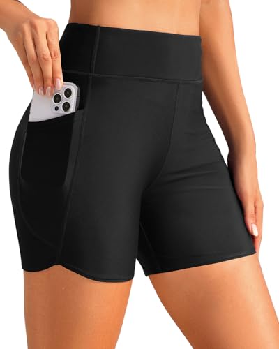 Daci Women Black High Waisted Swim Shorts - 5' Bathing Suit Short with Pockets Liner Tummy Control...