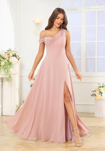 Image of Women's One Shoulder Bridesmaid Dresses Long for Wedding with Pockets Lace Bodice A-Line Chiffon Formal Party Gown
