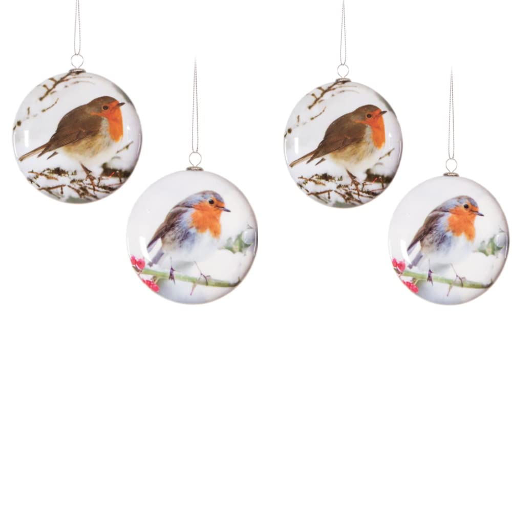 Luxurybaubles Clear Set Of 4 Luxury Robin Bauble Design Glossy Round Christmas Tree Baubles Decorations - 8Cm