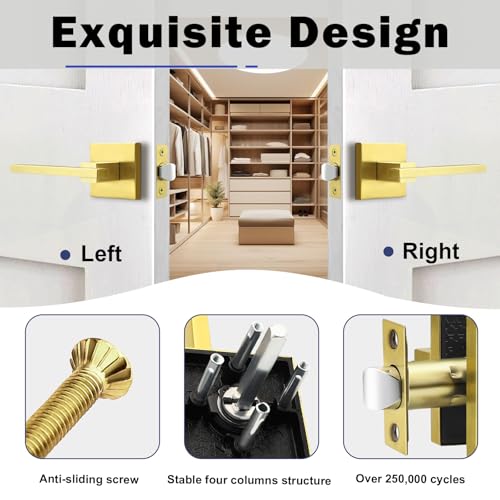 Image of Orger 1 Pack Gold Square Passage Door Handle, Non-Locking Door Lock, Door Lever for Closet and Hallway