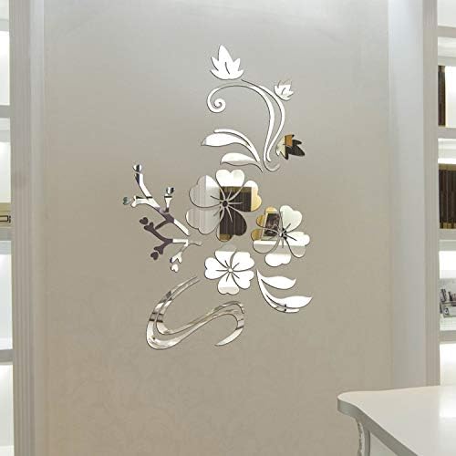 Miniatura 5 de Pegatinas de pared de acrílico plateado con flores, espejo 3D, modernas pegatinas de pared de acrílico para salón, dormitorio, TV, decoración de