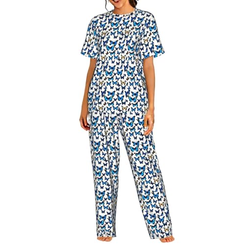Pyjama à manches courtes pour femme élégant imprimé papillon bleu finitions premium