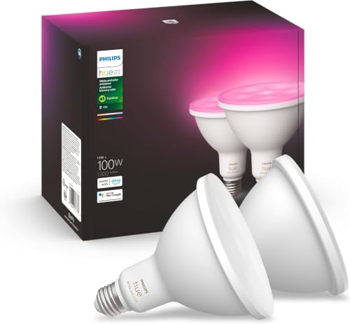 Image of PHILIPS Hue Smart 100W PAR38 LED Bulb, 2 Pack, White & Color Ambiance Color-Changing Light, 1300LM, E26, Outdoor Light Bulbs, Control with Hue App, Works with Alexa, Google Assistant and Apple Homekit