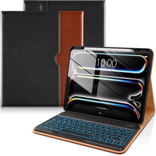 Image of DTTO for iPad Pro 13 Inch Case with Keyboard M5 /M4 2025 /2024, 7 Colors Backlit Wireless Detachable Keyboard Premium Leather Folio Cover with Pencil Holder & Pocket, Black Brown