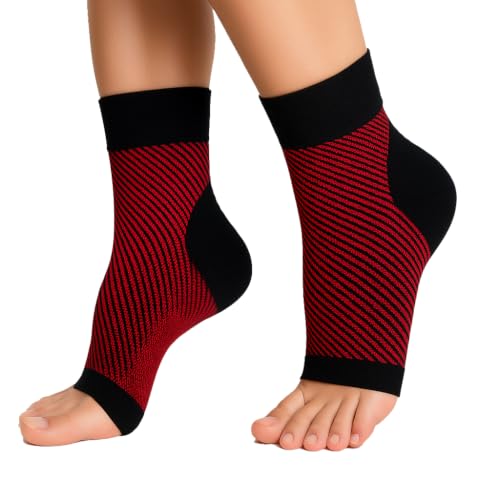 Never Quit Compression Ankle Support - 20-30 mmhg Open Toe ?ompression Socks for Swelling, Plantar Fasciitis, Sprain, Neuropathy - Nano Brace for Women and Men (Red)