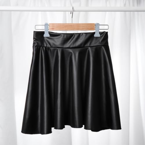 Mini jupe faux cuir doux patineur à taille élastique noire coupe évasée en A