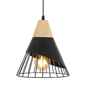 Toolight Suspension Luminaire Vintage, Lampe Plafonnier Industrielle Bois Métal Design E27, Lampes Suspendues abat-jour Forme de Cône Fer Cage éclairage Noir pour Cuisine Salon Couloir Dia 25cm