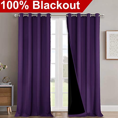 Image of NICETOWN Cold Blocking 100% Blackout Curtains, Durable and Soft Black Lined Drapes for Living Room, Energy Saving Long Panels for Patio Sliding Glass Door, Royal Purple, 52 inches x 108 inches, 2 PCs