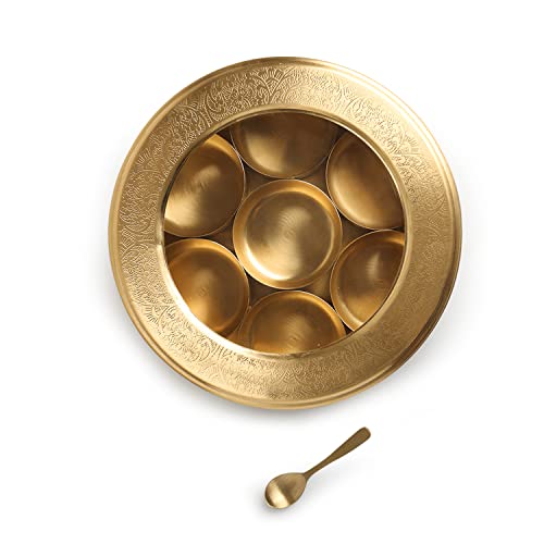 Image of ExclusiveLane 'Floral' Brass Spice Box for Kitchen with Spoon (7 Containers, 100 ml, Hand-Etched) | Brass Masala Box for Kitchen Masala Container Masala Dabba Masala Dani Namak Dani Spice Container