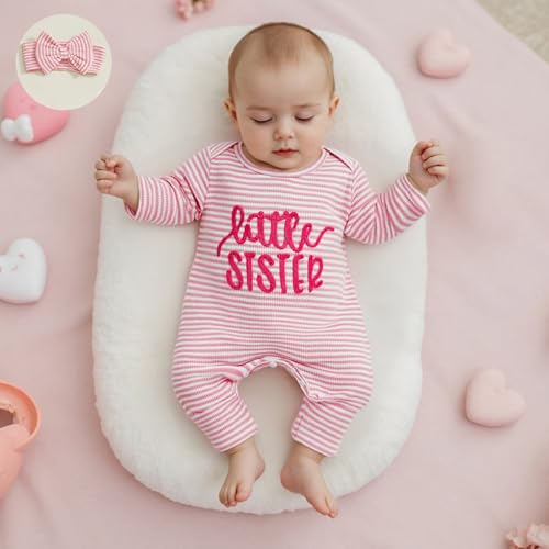 Little Sister Newborn Outfits Baby Girl Fall Winter Long Sleeve Romper Striped Jumpsuit Preemie Coming Home Outfit4