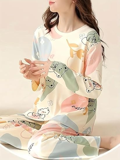 Image of Women's Pajama Set with Top & Pants|| Korean Night Wear|| Loose Fit Home Wear || Lightweight Printed Set || Soft & Comfy Girls & Women