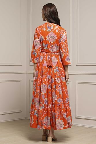 Image of Biba Women's Cotton 3 /4 Sleeves Calf Length Band Collar A-Line Floral Printed Casual Dress