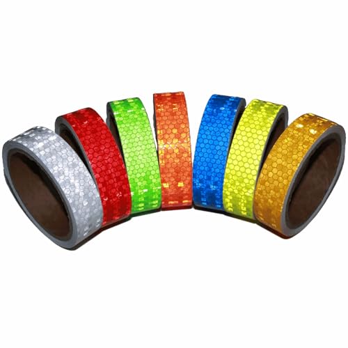 tuyrchu Reflective Tape 7 Colors for Bikes 1 in x 15ft 7rolls, White, Blue, Red, Yellow, Orange, Green, Fluorescent Yellow Waterproof High Visibility Warning Safety Adhesive Stickers