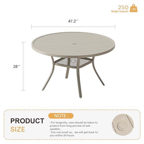 Image of VICLLAX 47.2 inch Outdoor Round Patio Table for Lawn Garden, All Weather Metal Round Outdoor Dining Table with Adjustable Umbrella Hole, 6 Person Patio Table, Sandshell
