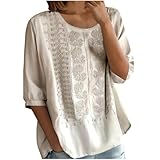Womens Linen Clothes Cotton Linen Shirts for Women Trendy Retro Embroidered 3/4 Sleeve Boho Blouse Dressy Casual Bohemian Tops Loose Tunics