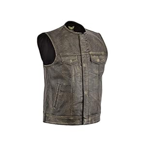 Heren Top Grain Biker lederen gilet Verontruste bruin Kraagloos voor Paardrijden en Fashion Gilet in stijl (XL – EUR58) Bruin