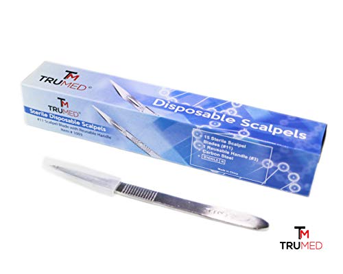 TruMed 15pc #11 Scalpel Blades w/ #3 Metal Handle, Sterile and Disposable, Surgical/Dermaplaning