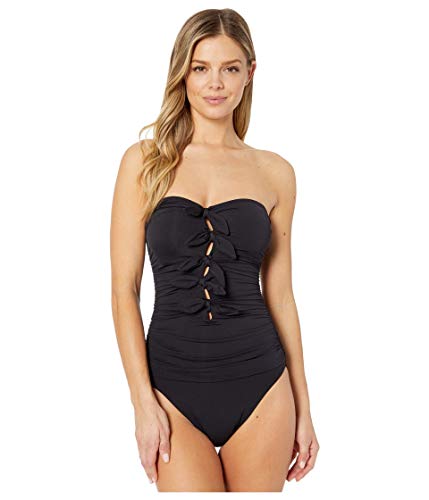 Carmen Marc Valvo Women's Bandeau One Piece Swimsuit with Front Tie Detail, Black, 10