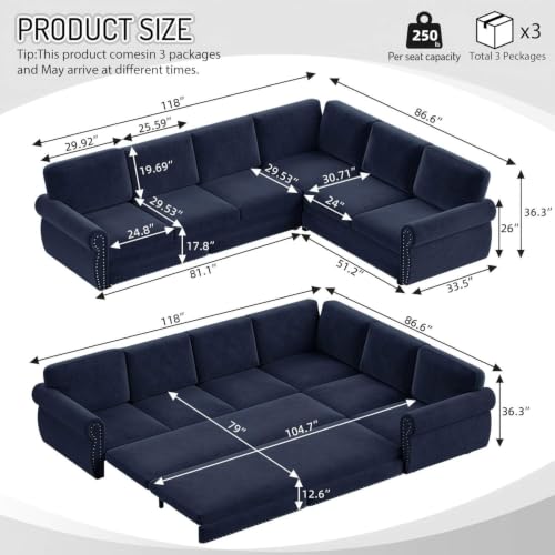 Image of KCGKCG 118 inch Sleeper Sofa Bed, Sectional Couches for Living Room /Apartment, Chenille L Shaped Couch with Pull Out Couch Bed, Convertible Sectional Sofa with Rolled Arm & Nailhead Trim, Blue