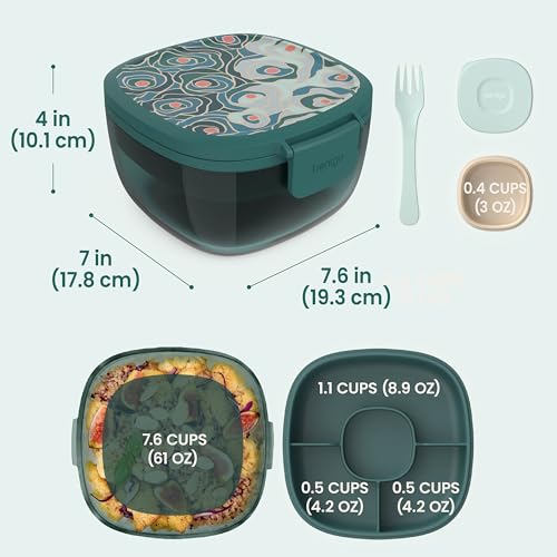 Image of Bentgo Glass Prints Salad Container - 7.6-Cup Tinted Glass Salad Bowl with Airtight Lid, Leak-Proof Sauce Container, 4-Compartment Bento Meal Prep Tray & Reusable Fork (Floral Maximalist - Sea)
