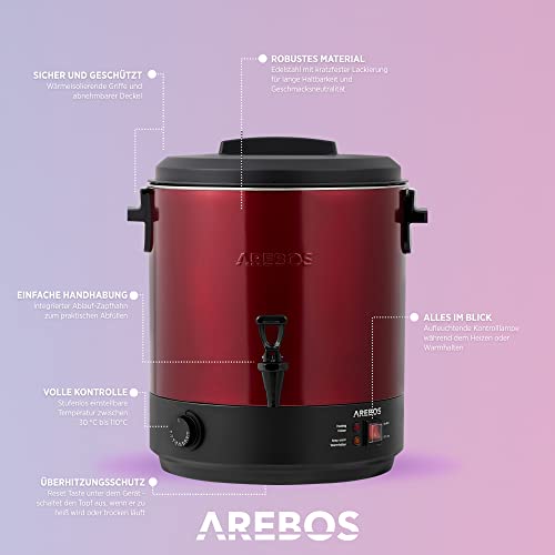 Arebos Einkochautomat 2500 W | Einkochtopf 28 L | mit Thermostat & Überhitzungsschutz | stufenlose Temperatureinstellung 30-110°C | Glühweinkocher | inkl. Einmachglasheber & Einmachtrichter | Rot 4 Arebos Einkochautomat 2500 W | Einkochtopf 28 L | mit Thermostat & Überhitzungsschutz | stufenlose Temperatureinstellung 30-110°C | Glühweinkocher | inkl. Einmachglasheber & Einmachtrichter | Rot
