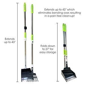 Aluminum Telescoping Metal Handled Poop Tray with Rake Sturdy Lightweight Pooper Scooper Extends 43″ Long Scoop Great for Large & Small Dogs (2154)