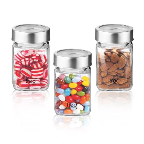 Image of Treo by Milton Cube Storage Containers, Set of 3, Glass Jar with Air Tight Steel Lid, 310 ml each, Transparent Jars for Snacks, Pulses, Masala, Pickles, Cereals, Cookies, Dry Food