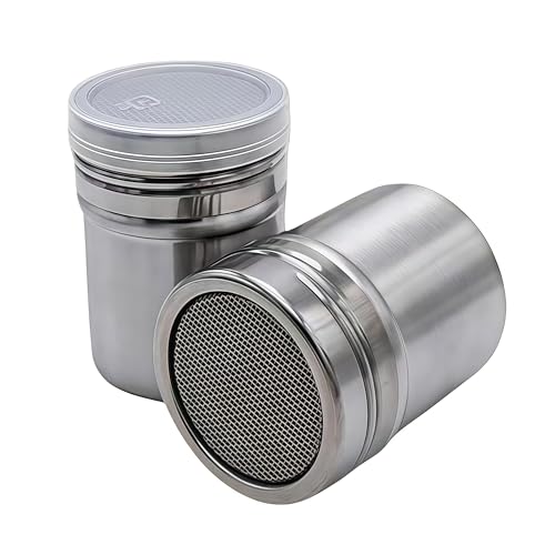 2-Piece Set Stainless Steel Powdered Sugar Shaker Duster With Fine Mesh Canister For Cinnamon, Cocoa Powder, Baking Soda, Coffee Powder, Kitchen Restaurant Outdoor 2.64 X 3.15 Inches