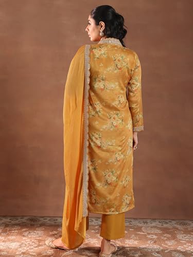 Image of Libas Womens Printed Silk Blend Straight Kurta With Palazzos and Dupatta | daily wear suit