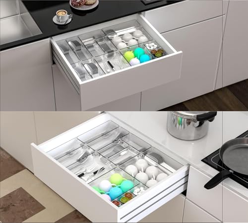 Image of Clear Plastic Drawer Organizers Set, 4 different size Versatile Bathroom and Vanity Drawer Organizer Trays, Storage Bins for Makeup, Bedroom, Kitchen Gadgets Utensils and Office (4 PC SET NEW)