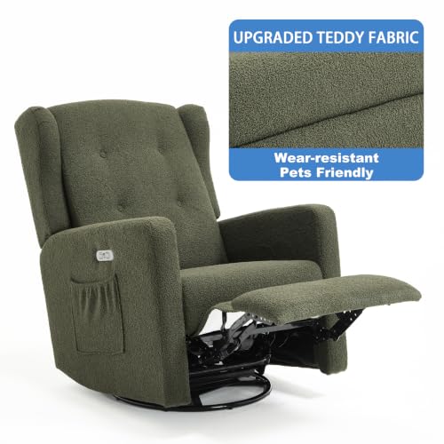 Image of Ketaiyou Power Swivel Rocking Recliner Chair, Electric Rocker Nursery Glider Chair, USB and Type-C Ports, Upholstered Teddy Fabric Reclining Single Sofa Chair for Living Room (Green)