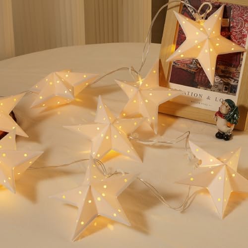 Lewondr Luces Estrella Con Pilas 20 LED, 10,33 FT Luce Navideñas Estrellas De Papel Colgantes Con Función Temporizador, Luces Estrella Con Recortes Círculo Para Decoración Boda Navidad